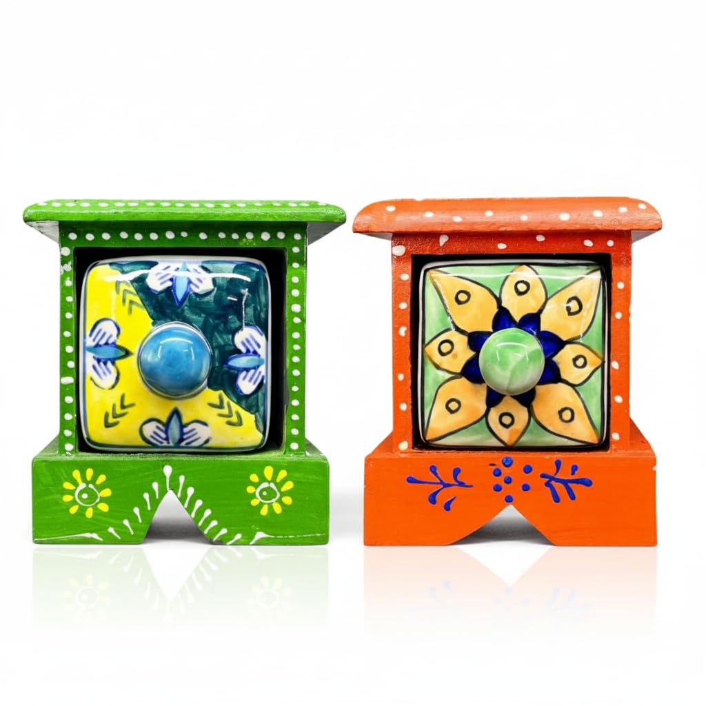 DIWAM HANDICRAFTS Hand Painted Wooden Mini Storage Chest of 2 Drawers, Green & Orange Ceramic Floral Spice Box Jewelry Organizer, 11cm Height