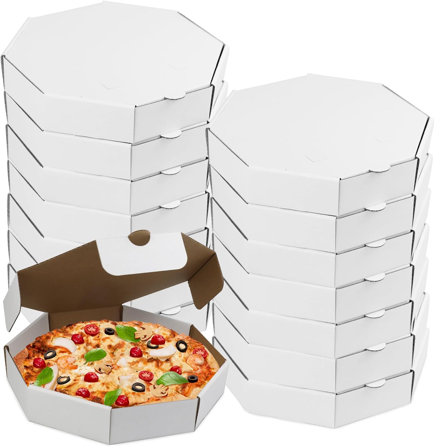 15 Pcs 9.4" Corrugated Pizza Box, Octagonal White Kraft Takeout Container | Robust corrugated paper,Suitable for pizza delivery,quick folding,DIY painting and decoration,Suitable for baking and gifting