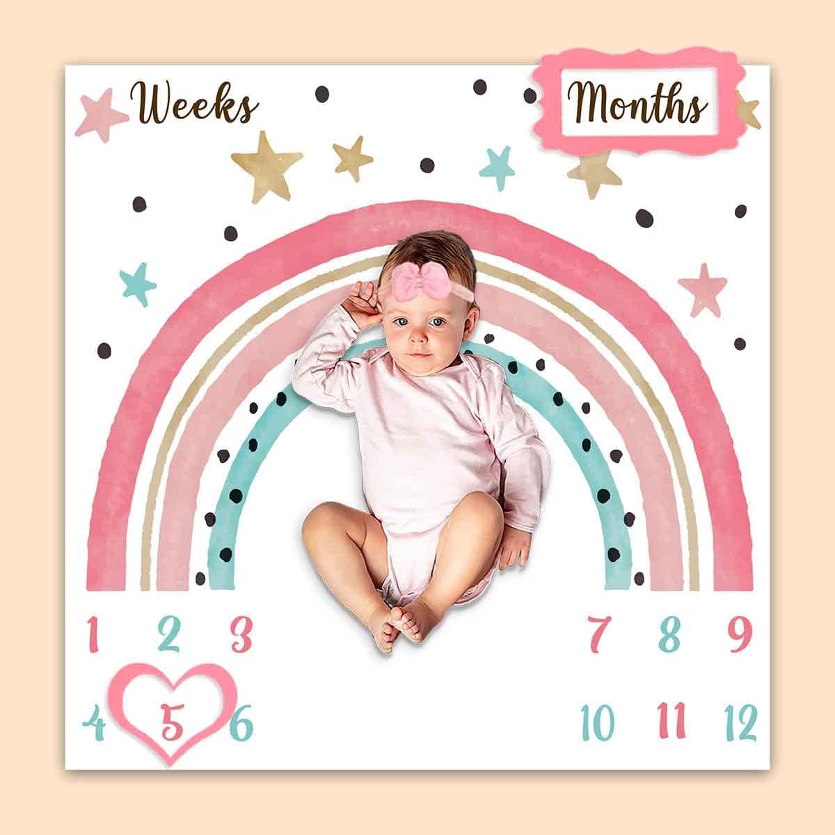 Colorful Rainbow Baby Monthly Milestone Blanket, Girl Crown Star Pattern, Newborns 1 to 12 Months Unisex Include 4 Frames and 1 Headband 47"x47" BTLSPH634