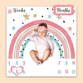 Colorful Rainbow Baby Monthly Milestone Blanket, Girl Crown Star Pattern, Newborns 1 to 12 Months Unisex Include 4 Frames and 1 Headband 47"x47" BTLSPH634