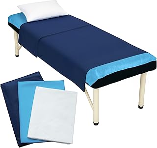 25 Pcs Medical Disposable Bedding Set (3 Pcs) by Vastmed | 1 Fluid Resistant Fitted Sheet (30x72, Light Blue), 1 Privacy Flat Sheet (40x84", Dark Blue), 1 Fluid Resistant Pillow Case (22x30", White)