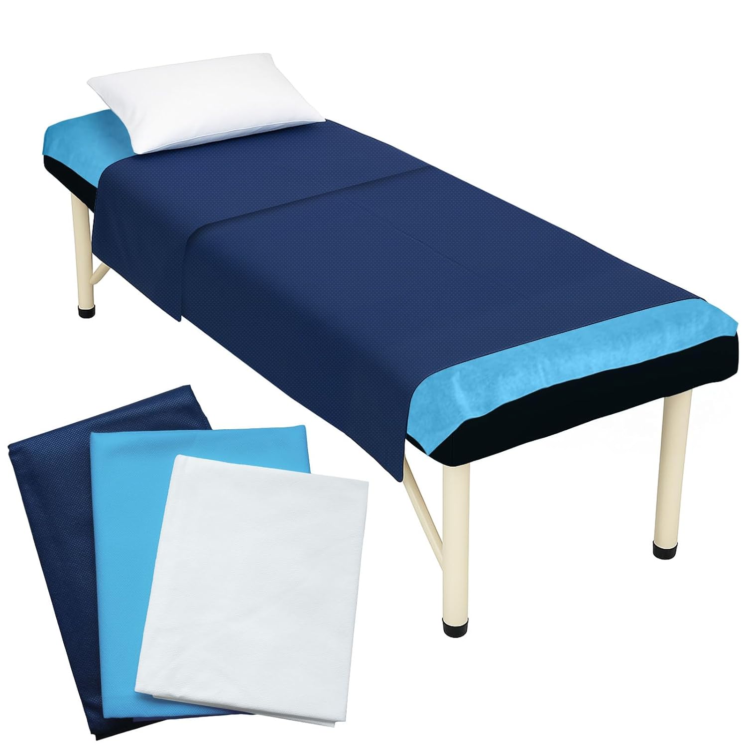 25 Pcs Medical Disposable Bedding Set (3 Pcs) by Vastmed | 1 Fluid Resistant Fitted Sheet (30x72, Light Blue), 1 Privacy Flat Sheet (40x84", Dark Blue), 1 Fluid Resistant Pillow Case (22x30", White)