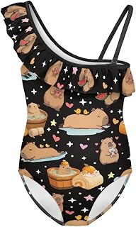 Traje de baño de una pieza con volantes y 1 hombro para niñas, traje de baño atlético de verano para adolescentes de 3 a 15 años, Corazón capibala marrón, 11-12 años