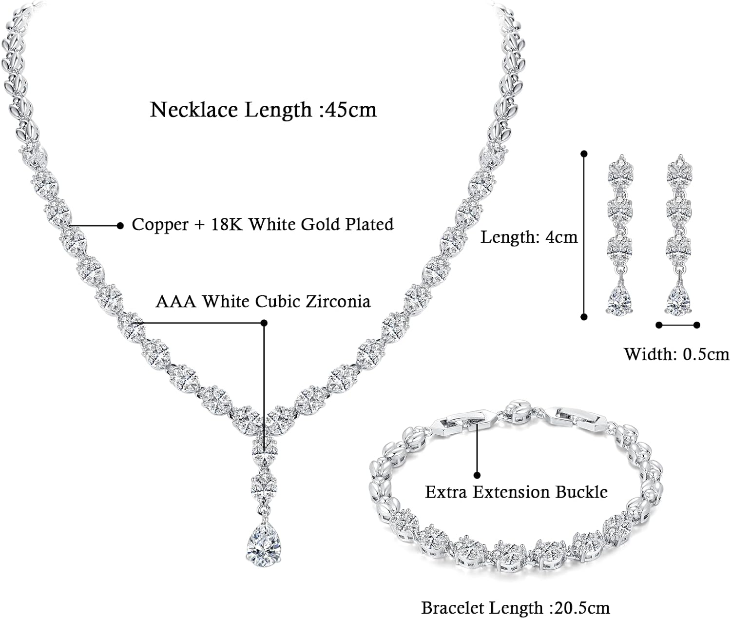 Jewelry Set for Women, Necklace Dangle Earrings Bracelet Set with White AAA Cubic Zirconia, Allergy Free Wedding Party Jewelry for Bridal Bridesmaid image 4