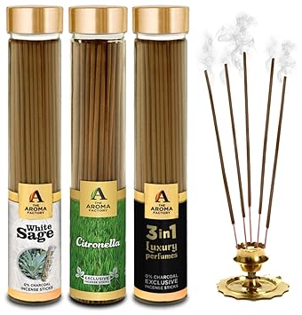 The Aroma Factory White Sage,Mosquito Citronella & 3 in 1 Agarbatti for Pooja,Luxury Incense,100% Herbal Fragrance Agarbathi (Bottle Pack of 3x100g)