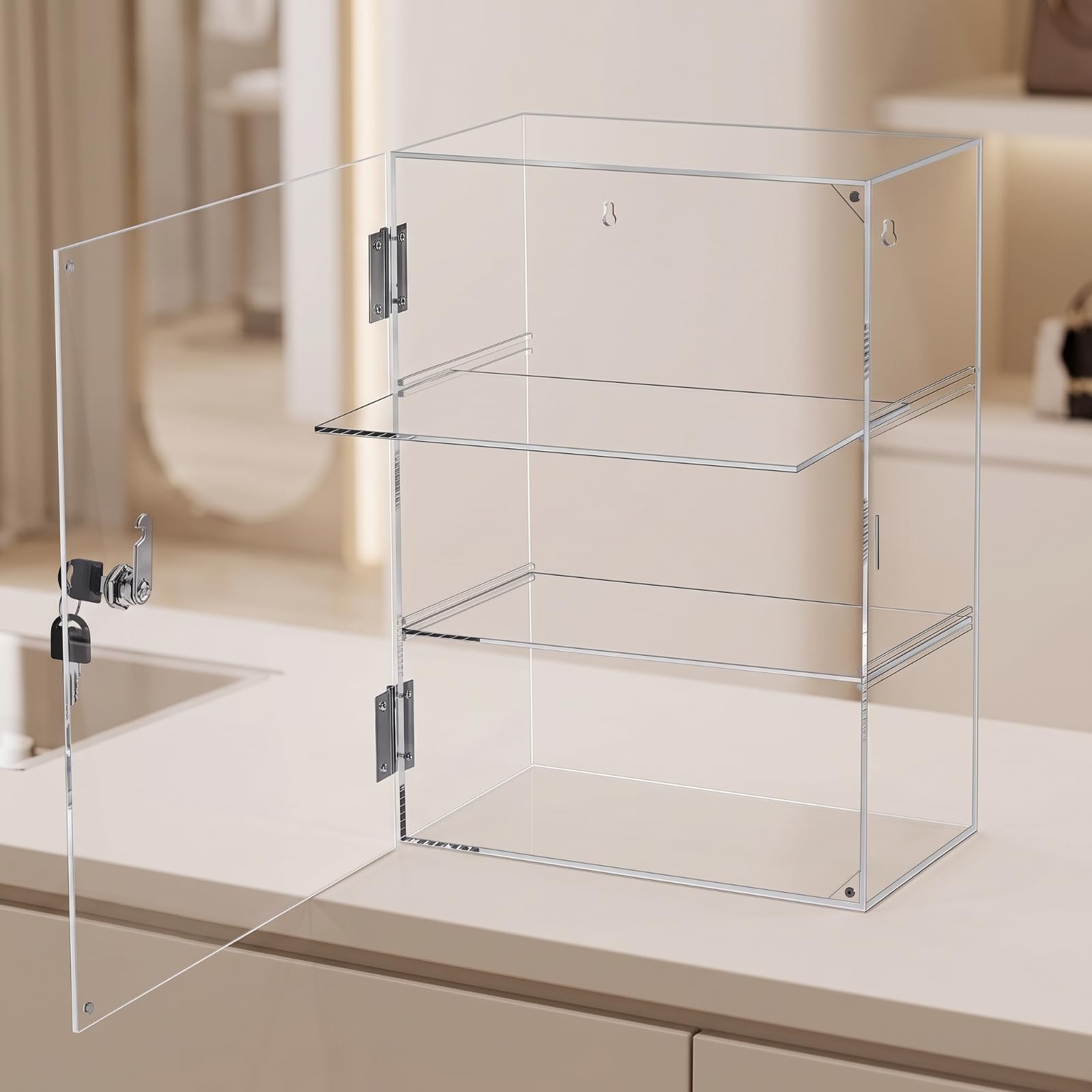Vetrina in Acrilico Vetrina Espositiva Teche Espositive Mobile Vetrina Trasparente con Serratura Porta con Cerniere Metalliche Ripiani Regolabili, 4 Strati 30x15x40cm