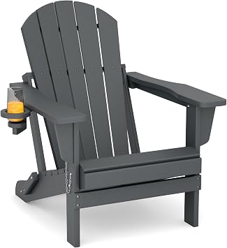 Adirondack Chairs,HDPE All-Weather Folding Adirondack Chair with Cup Holder for Garden,Deck,Backyard,PatioGrey