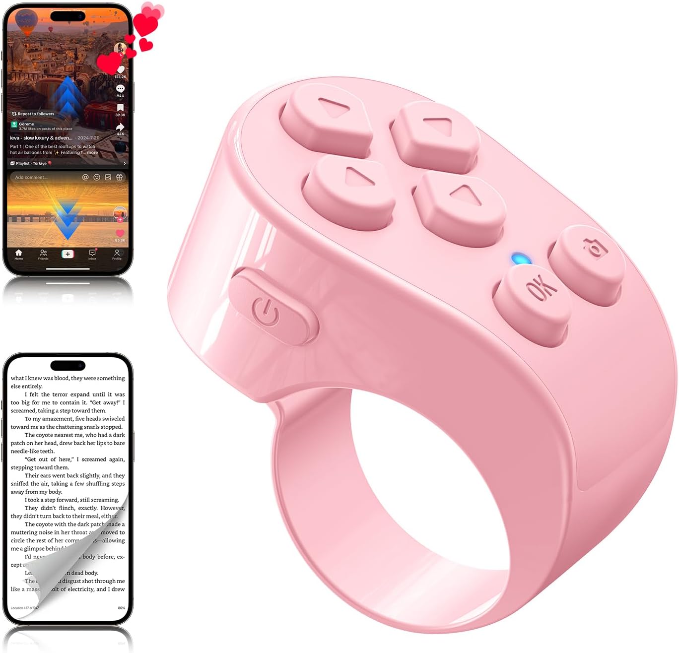 TikTok Scrolling Ring Remote Control,Page Turner for iPad iPhone & Android Tablet,Bluetooth Camera Remote, Scrolling Ring for TikTok,YouTube,Instagram,iOS,Android (Pink) TikTok Scrolling Ring Remote Control,Page Turner for iPad iPhone & Android Tablet,Bluetooth Camera Remote, Scrolling Ring for TikTok,YouTube,Instagram,iOS,Android (Pink)