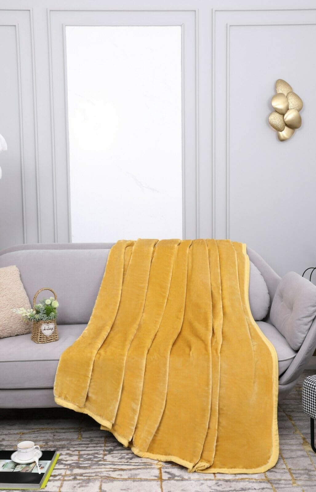Luxury Mink Throws Super Soft Warm Cozy Bed Throw Solid Design Sofa Throw Blanket Double King Size (Mustard, 200 x 240 cm)