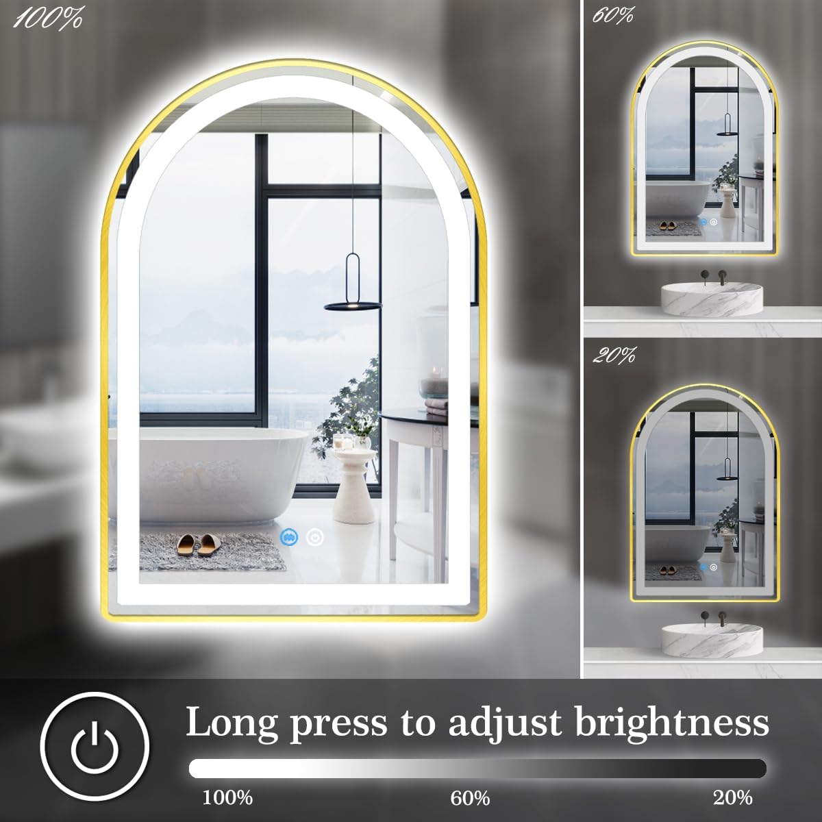 24 x 36 Inch Gold Arch LED Mirror for Bathroom Salon Wall Makeup Table Desk 36 Inch Arch Lighted Vanity Mirror with Lights 3 Color Dimmable AntiFog Gold Frame LED Arched Mirrors with Lights