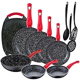 Exterior en color negro. Pack 11 piezas: Set de 6 sartenes Energy Ø18/20/22/24/26/28 cm + 1 Sartén Wok Ø26 cm + 1 Plancha grill 37x25 cm, aluminio forjado, negro + Set 3 utensilios de cocina en nylon
