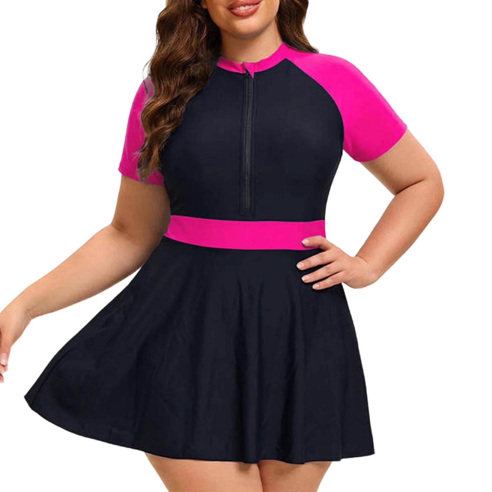 Generisch Maillot de bain rashguard 2026 pour femme, grande taille, robe de bain à manches courtes avec fermeture éclair et short