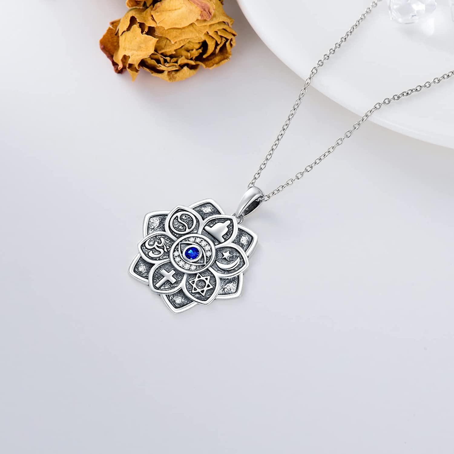 ROMANTICWORK Lotusblume Evil Eye Kette Sterling Silber Lotusblüte Kette Lotus Mondstein Anhänger Halskette Yoga Geschenk Schmuck Amulett für Damen Mädchen