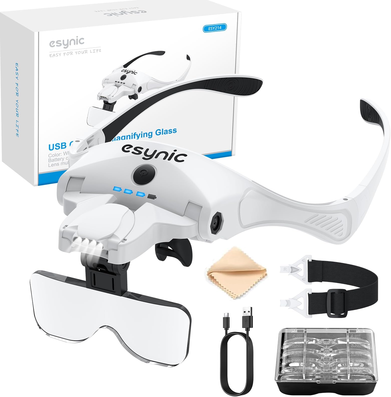 Headband Magnifying Glass Rechargeable Head Magnifier Wear Comfortably HeadMount Magnifying Glass With Light Support|4 LED Lights|1.2-4.5X HD Lens|Power Indicator Light| for Reading Crafts,etc