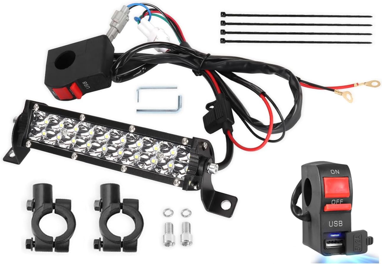 Light Bar Kit USB switch for KLX110 CRF110 TTR110 YZ250F Fits Most 7/8” Handlebars 60W Led Headlight Bar Socket Charger USB
