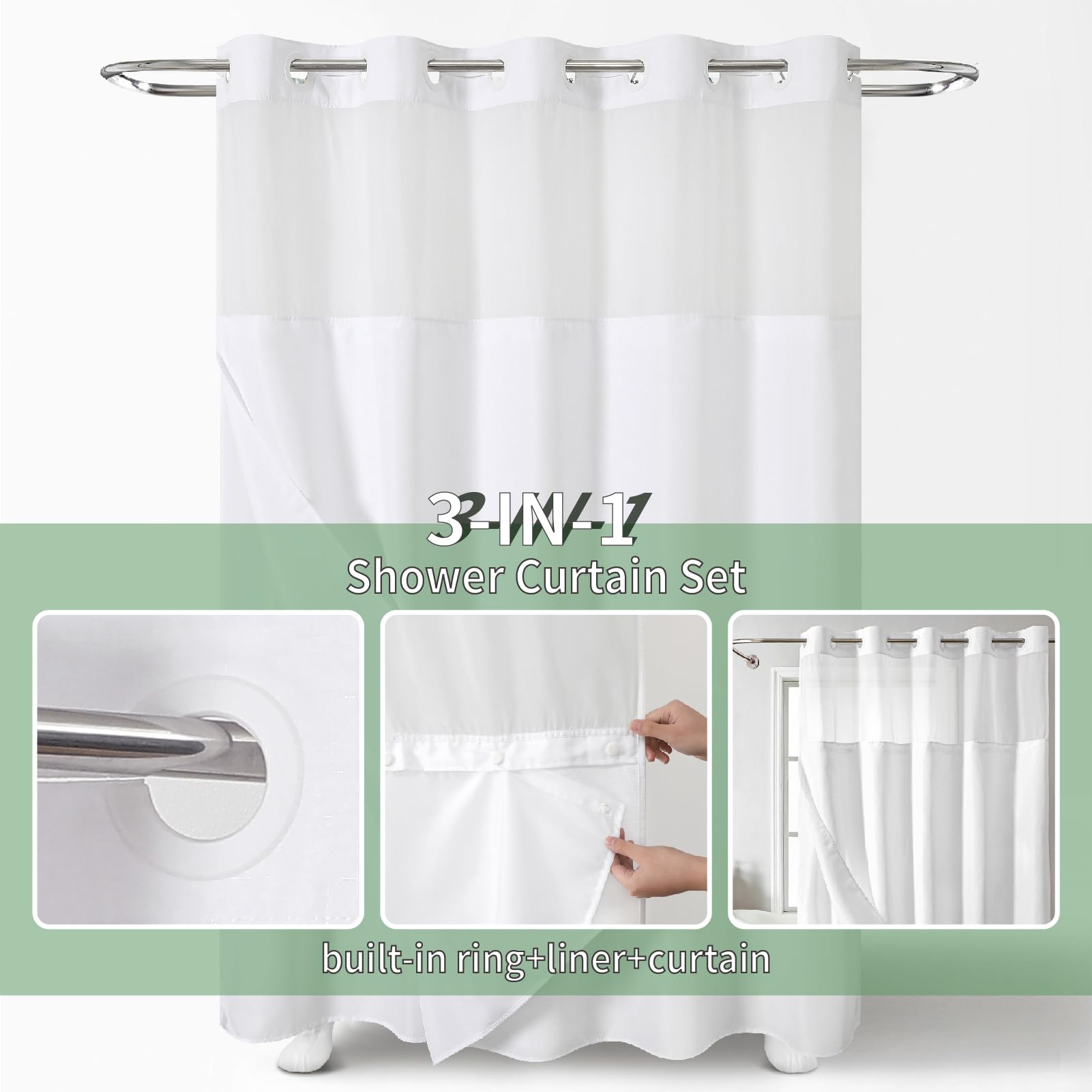 eachope Cortina de Ducha extralarga sin Gancho con Forro de Tela a presión, Cortinas de Ducha de Tela Texturizada para baño, Cortina de Ducha Moderna Estilo Hotel, Impermeable y Lavable, 71 x 98