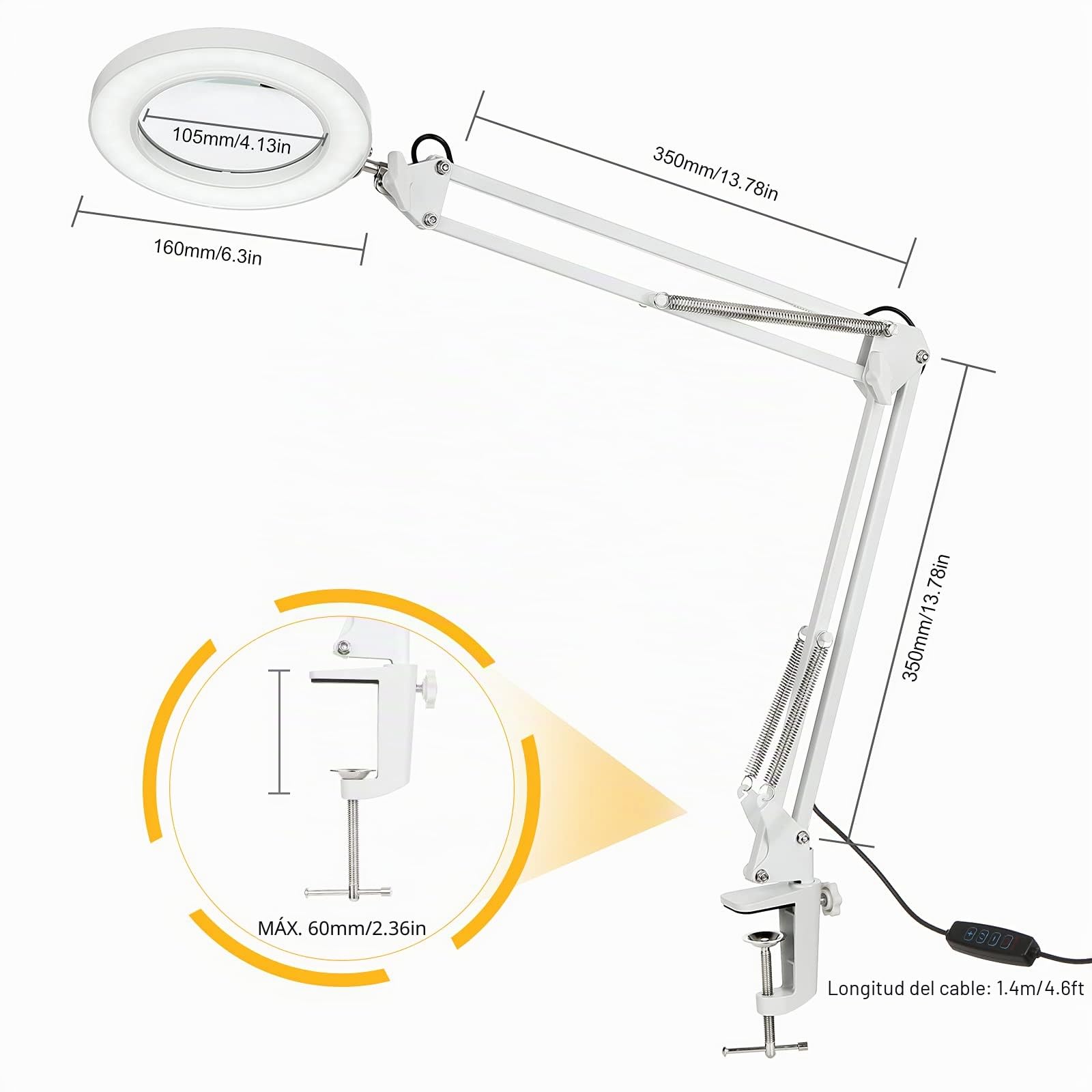 Neoglint Lámpara de mesa,Lámpara de aumento LED 8X con Luz,Lámparas de lupa 2 en 1 con 10 Ajustes Bright,Lupa con brazo giratorio ajustable y abrazadera iluminadas alimentada por USB (Blanco)
