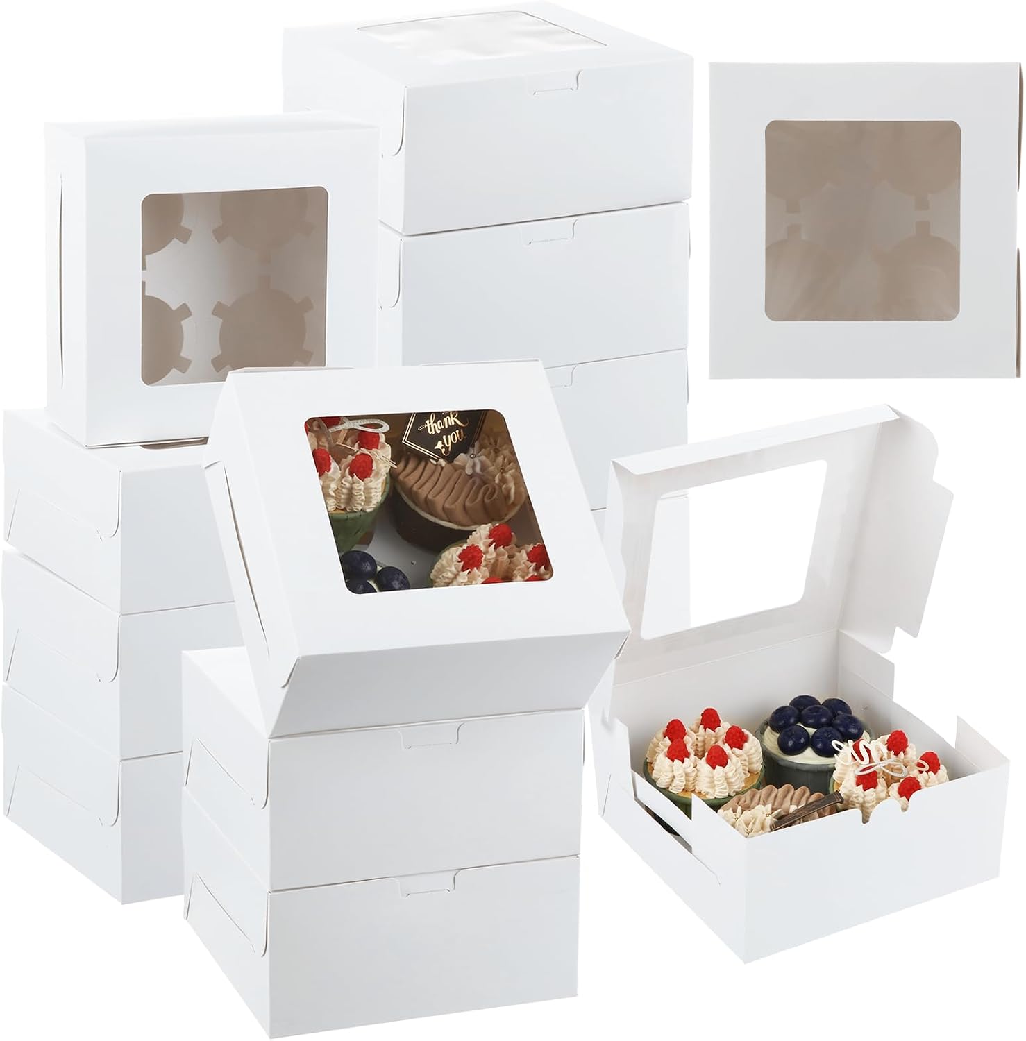 100 PCS 6.3x6.3x3 Inch Cupcake Boxes 4 Count Bakery Boxes with Window White Cupcake Holder with Lid 4 Count Cupcake Container with Windows and Inserts to Fit Muffins, Cookies, Pastries
