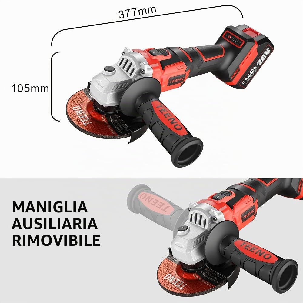 TEENO Smerigliatrice angolare a batteria da 125 mm, senza spazzole,2 batterie da 3,0 Ah,smerigliatrice angolare da 9800 giri/min con dischi da taglio
