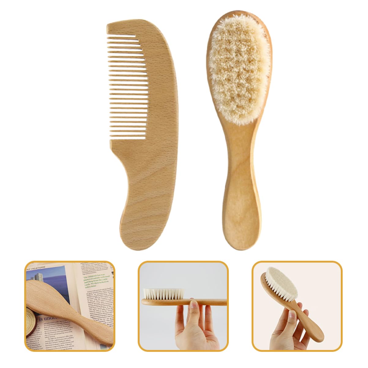 VICASKY 5juegos Peine y Cepillo De Cabello Para Bebés Cepillo De Lana y Peine De Madera Natural Para Cuidado Del Cabelludo De Recién Nacidos Para Baño y Masaje Del Cabelludo