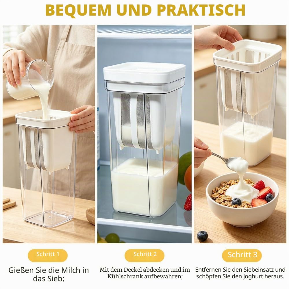 Griechischer Joghurt Sieb Feine Filtersiebe Joghurt Sieber mit Deckel 2000ML Griechischer Naturjoghurt Sieb für Herstellung dicker Naturjoghurt Sojabohnenmilch (Weiß)