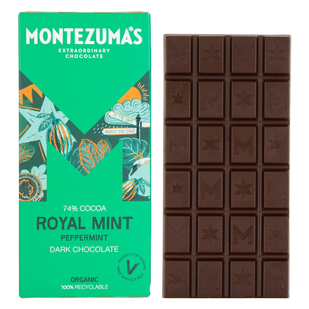 Montezuma's Royal Mint, 74% Cocoa, Dark Chocolate With Peppermint, Gluten Free, Naturally Vegan & Organic, 90g Bar