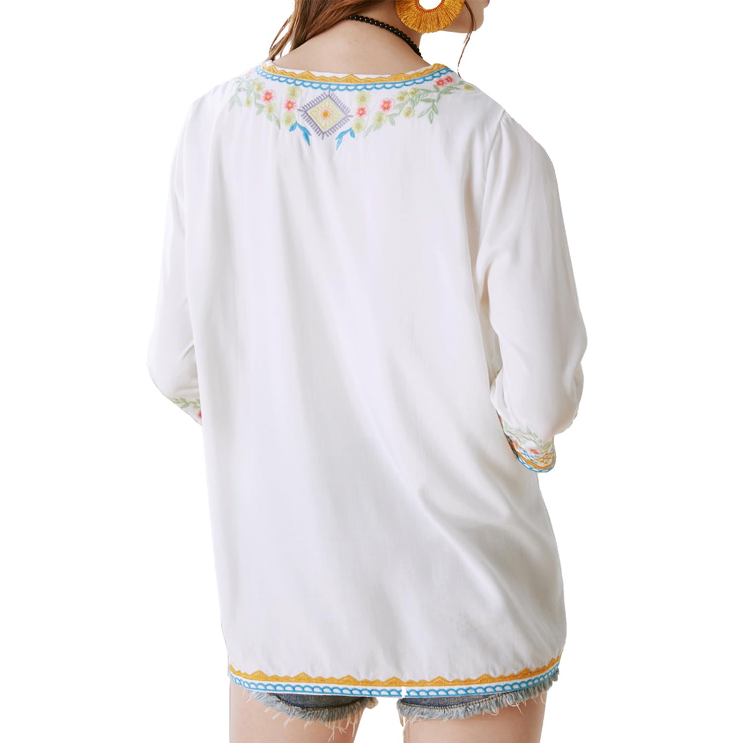 Ropa Hippie para Mujer Blusa Bordada de Folclore Bohemio Túnica de Manga 3/4 con Cuello en V Top Informal de Verano