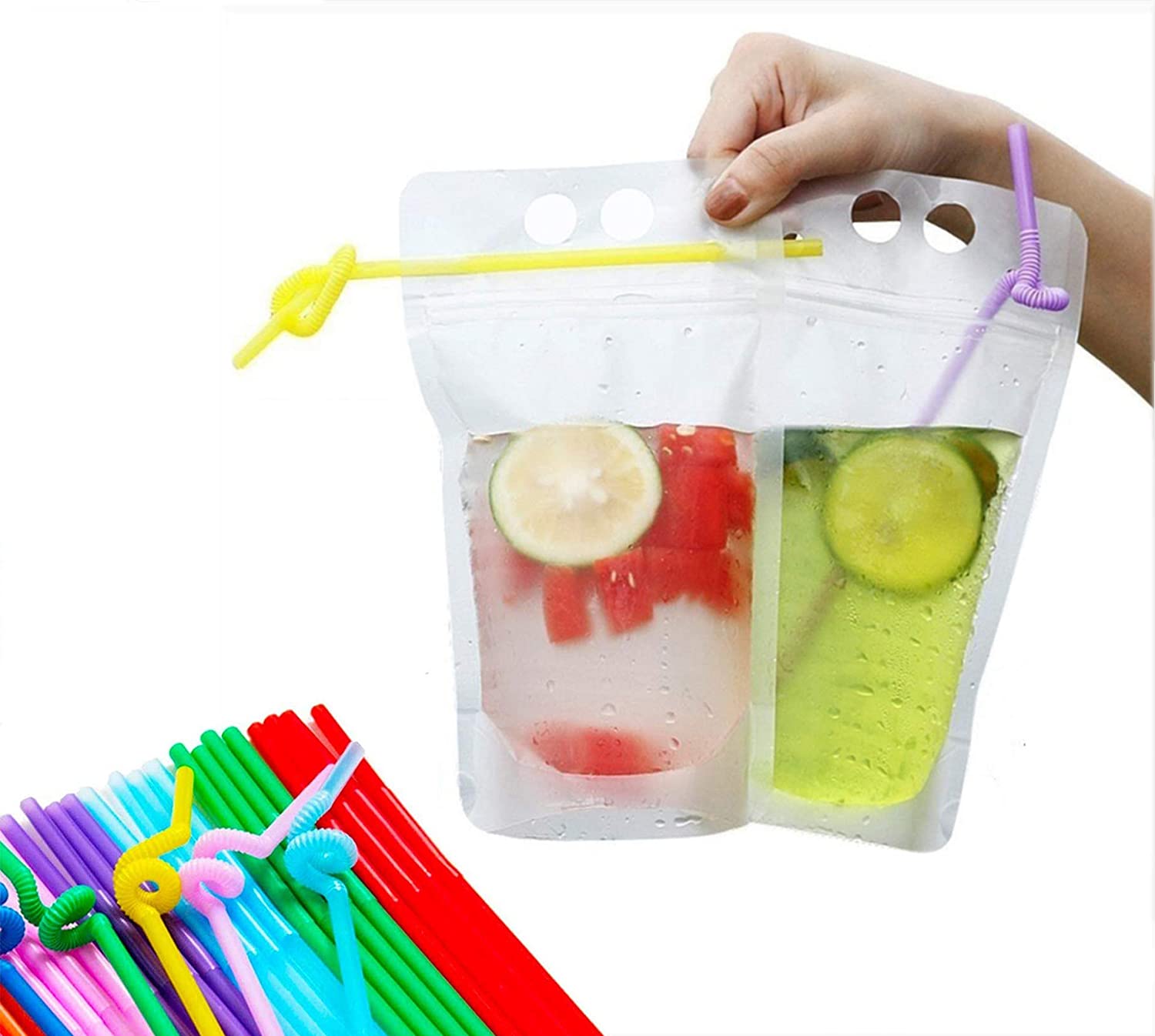 KASTWAVE 50 Pcs Drink Pouches with Straws Stand-Up Hand-Held Translucent Reclosable Heat-Proof Plastic Zipper Juice Bags - 9.06" x 5.12"/17 Oz