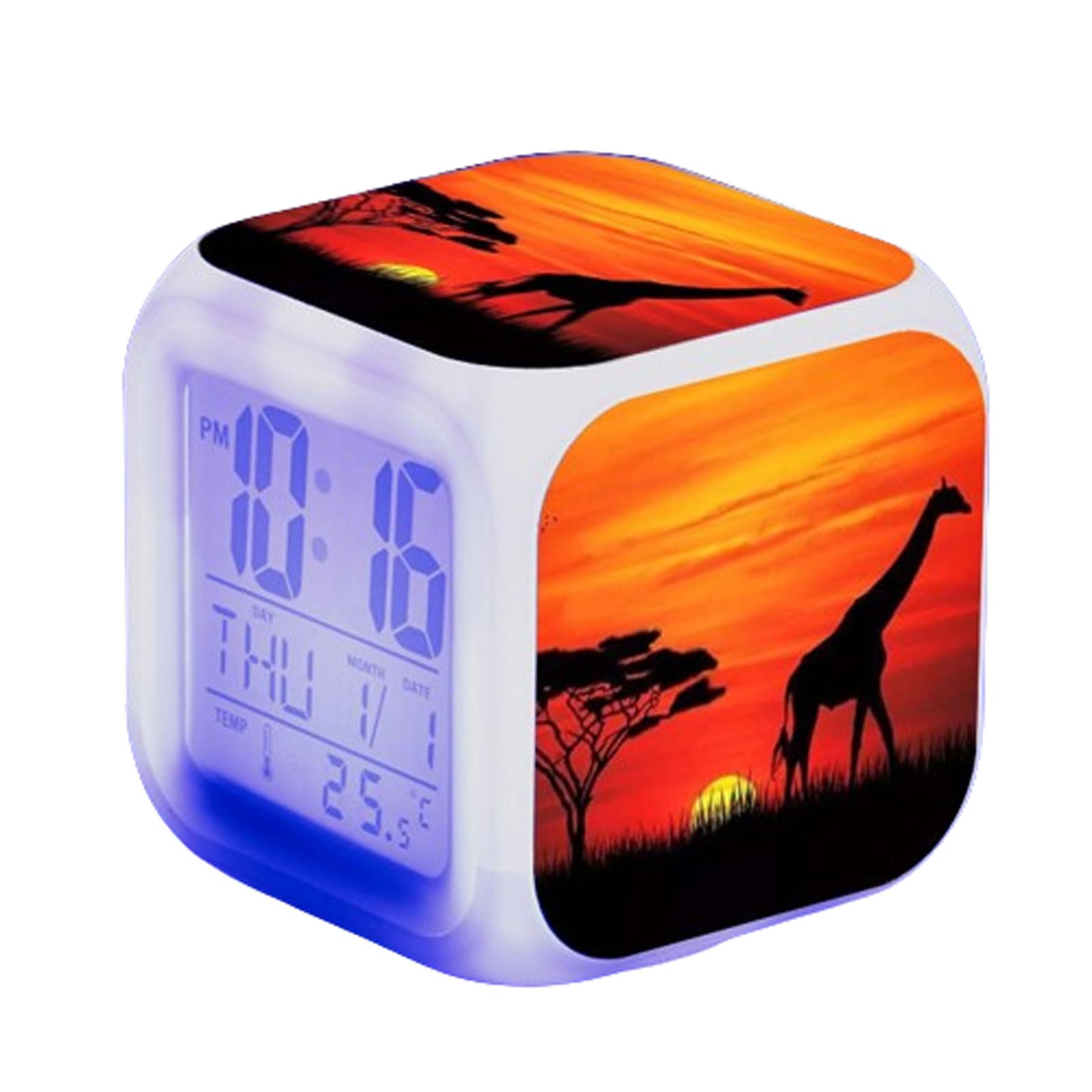 Blissbuilt Cube Anime Alarm Clock 7 Colorful Light Bedroom Decorations Digital Alarm Clock Mini LED Bedside With Snooze,Temperature,Calendar And LED Display,for Kids Travel Bedroom (Giraffe Pattern)
