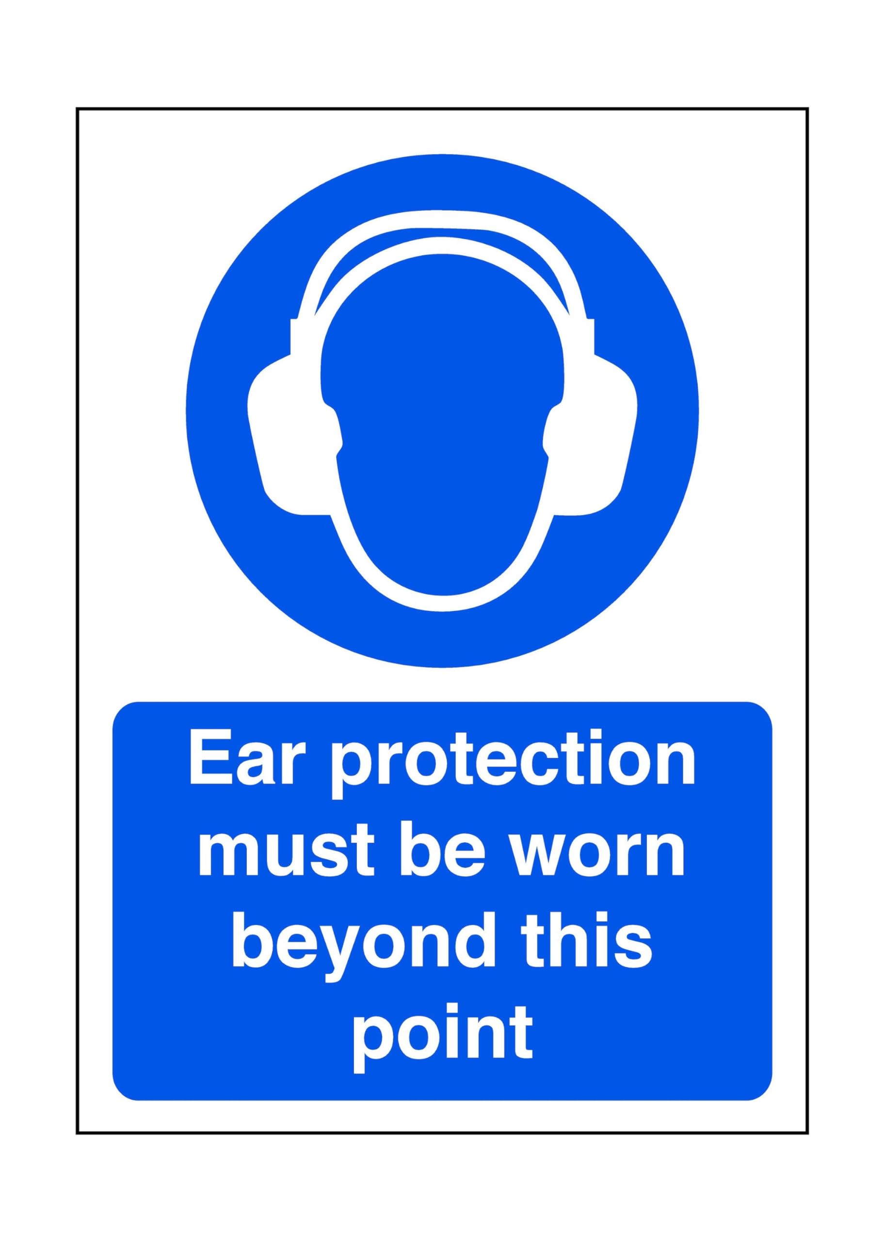 Safety First Display Ltd Blue/White Ear Protection Must Be Worn Beyond This Point - Safety Sign, Ppe Clothing, Ppe - High Tack Self-Adhesive Sticker (300Mm X 200Mm) Viewing Distance Within 7M.