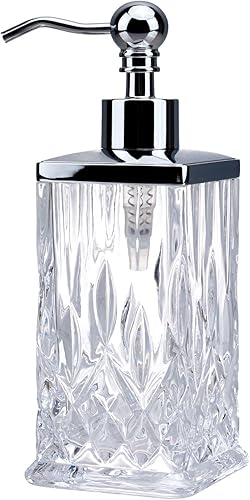 Dispensador de jabón de vidrio transparente de 10 onzas, hecho a mano, sin plomo, dispensador de desinfectante de manos con bomba plateada para