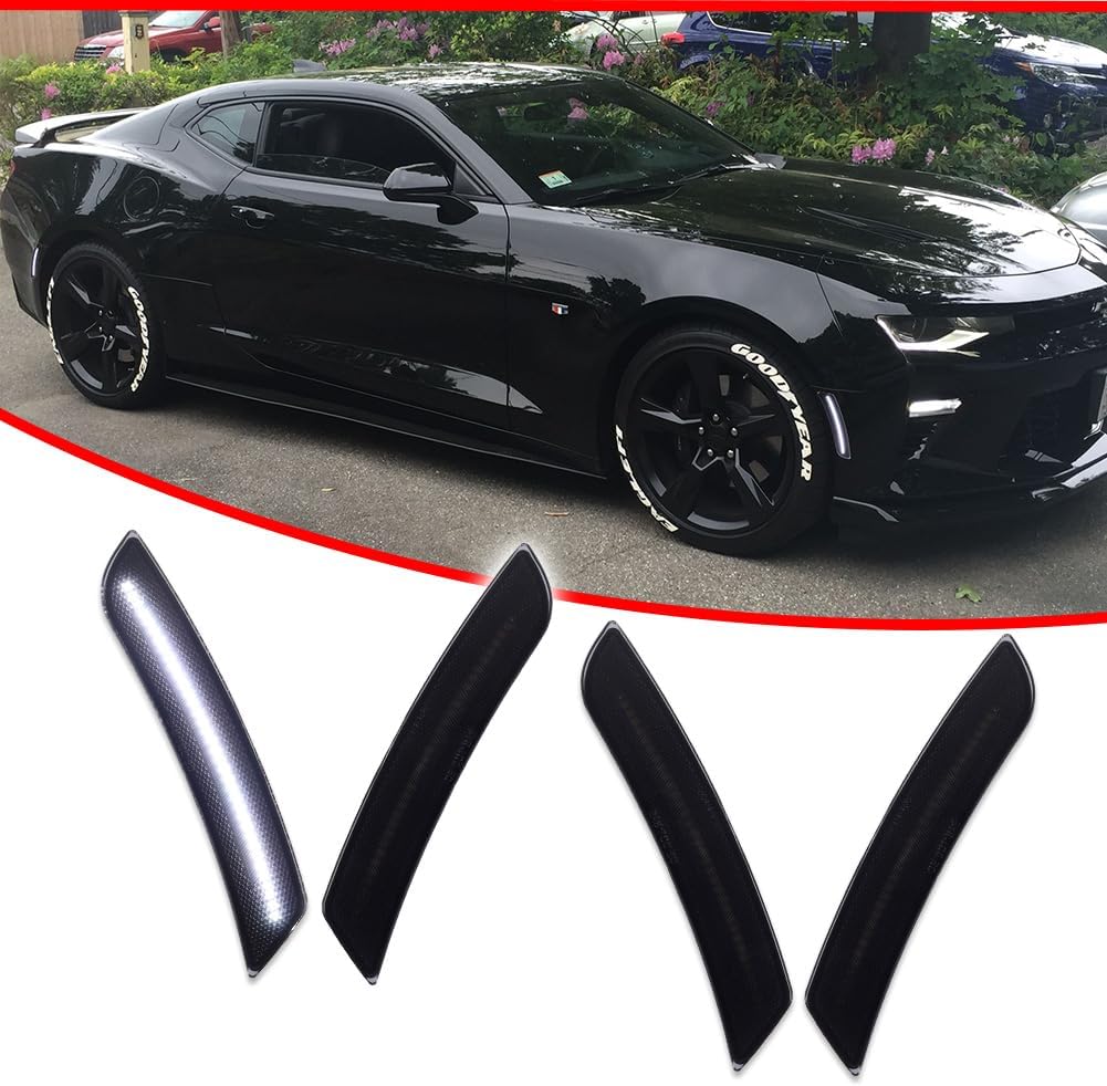 GTINTHEBOX White LED Side Marker Lights Smoked Lens Compatible with Chevy Camaro 2016 2017 2018 2019 2020 2021 2022 2023, 6th Gen Camaro Front Rear Bumper LED Sidemarker, Pack of 4