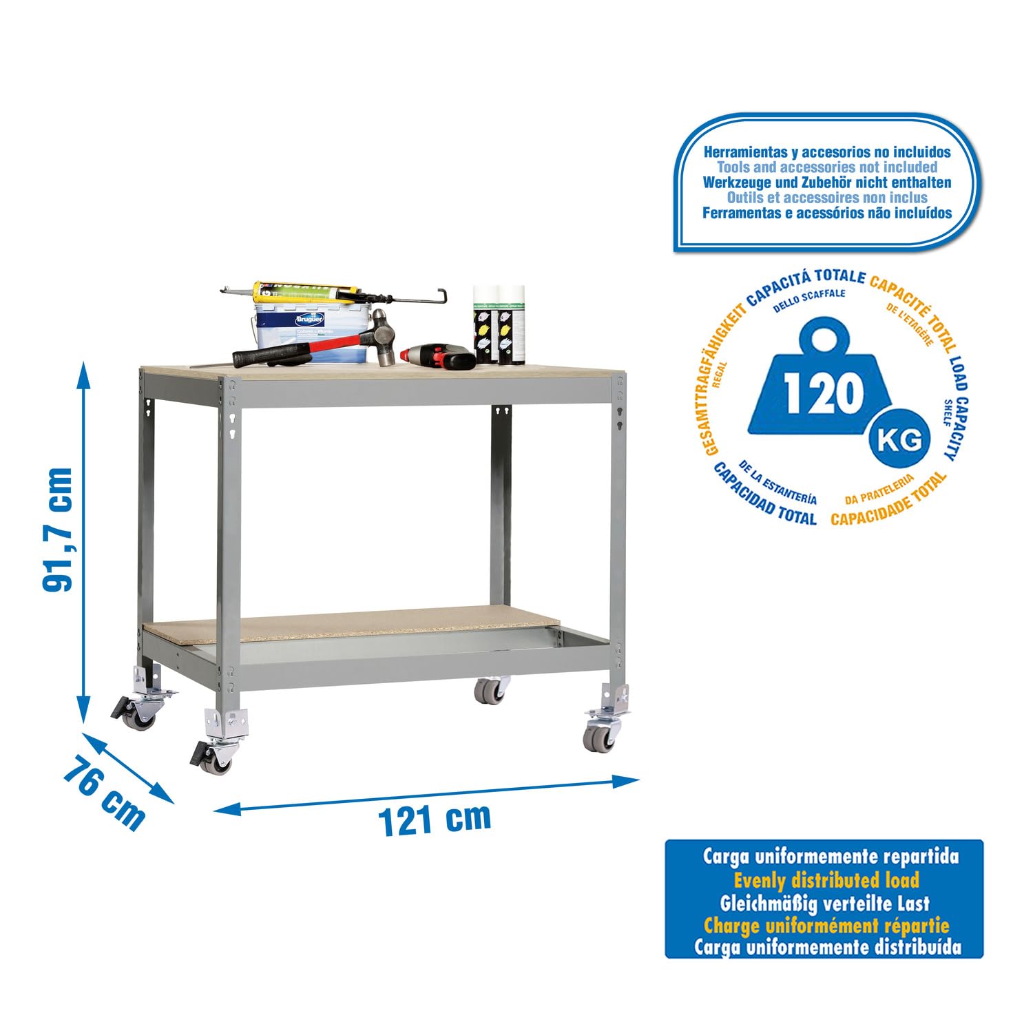 Banco de trabajo Simonwork con ruedas BT0 95x151x76cm gris/madera