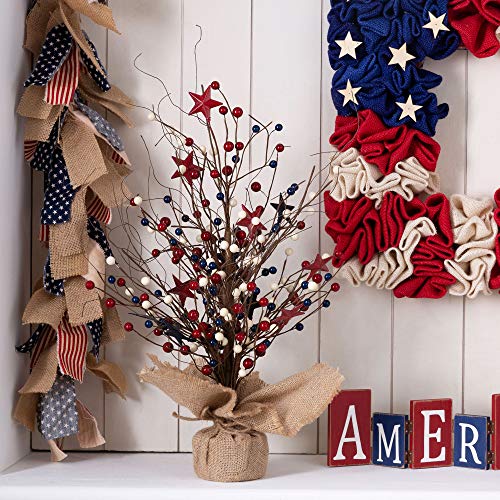 Glitzhome 20"H Patriotic Berry Table Tree With Burlap Base Decorative Berries Stars Tree Table Centerpiece For Independence Day Americana Berry Table Tree For National Day 4Th Of July Home Decor cover