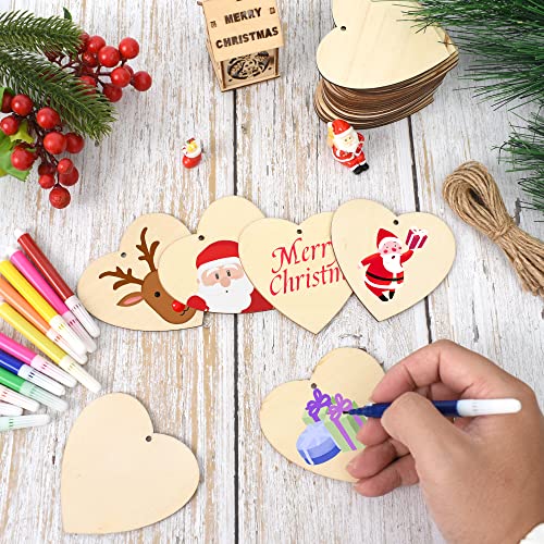 Hagao Wooden Heart Blank Wood Slices Gift Of Twine Colored Paintbrush Discs For Diy Crafts 3.15" 60Pcs #TOP2
