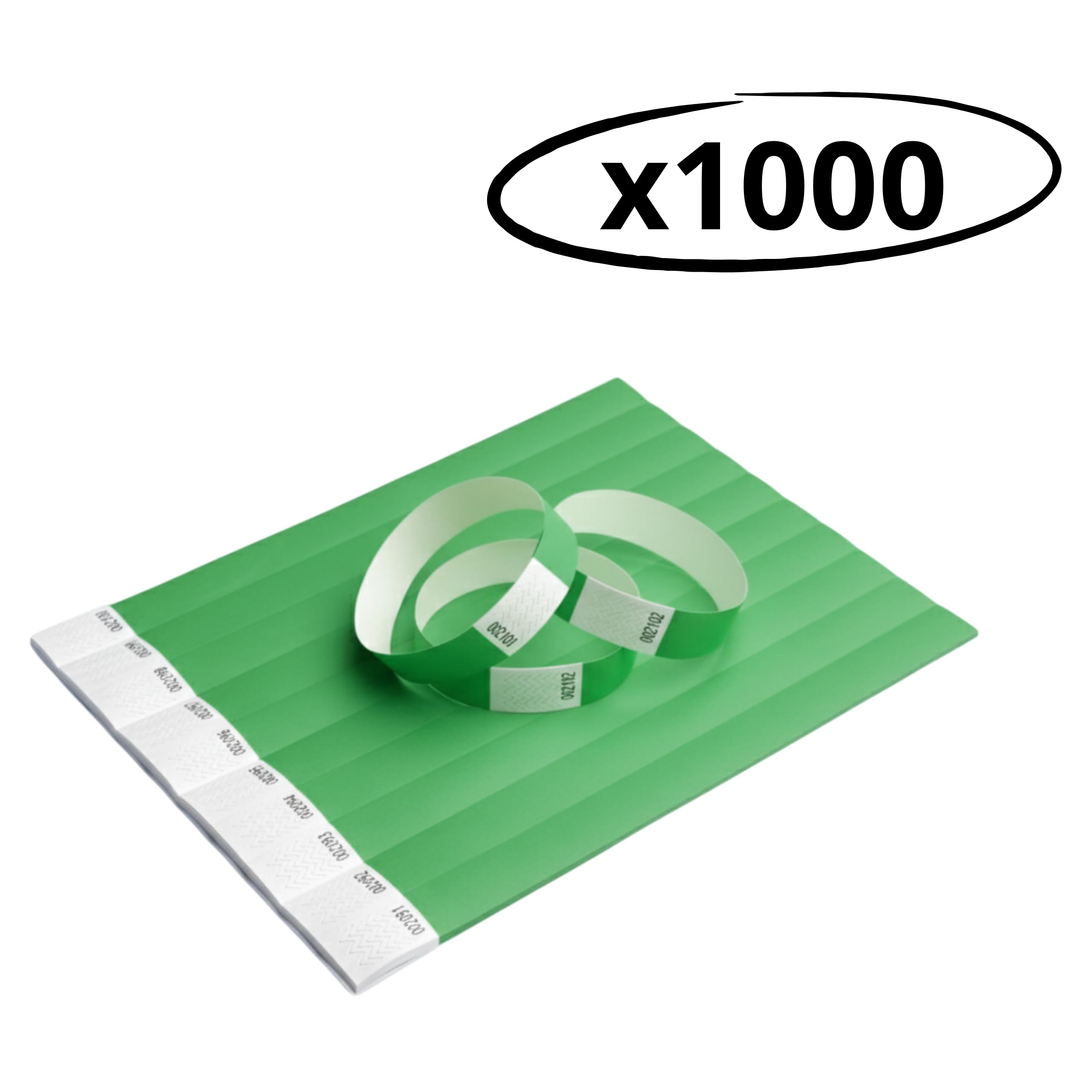 Pack Pulseras de Papel Tyvek® Lisas para Control de Acceso y Eventos. Pulseras Identificativas de Colores Numeradas y Resistentes al Agua con Cierre de Seguridad (1000, Verde)