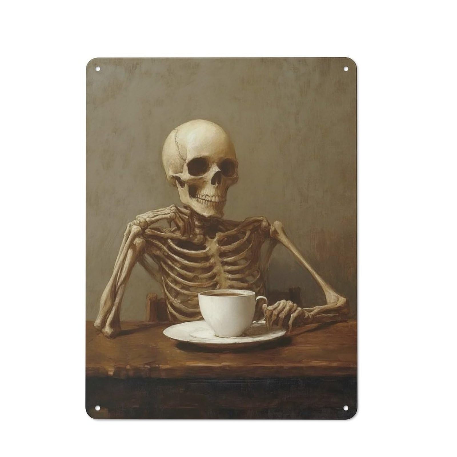 Rustic Skeleton with Coffee Decorative Tin Sign 40x30cm, Cottage Wall Art for Cottage, Kitchen, Hallway Or Breakfast Nook