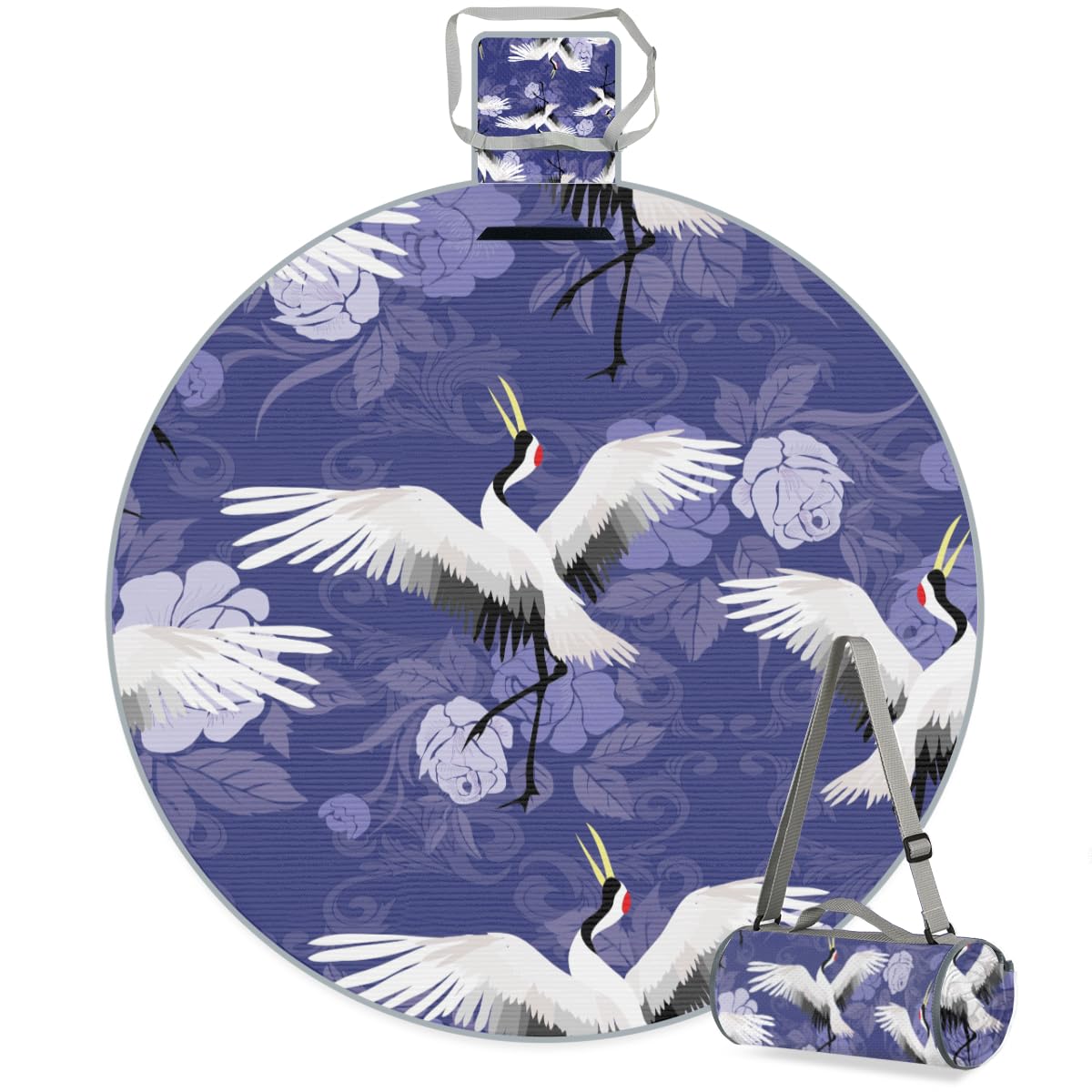 Shimoshe Flower Crane Picnic Outdoor Blanket Foldable Waterproof Sandproof Beach Blanket Portable Water-Resistant Animal Crane Round Picnic Mat for Travel Camping Park Lawn