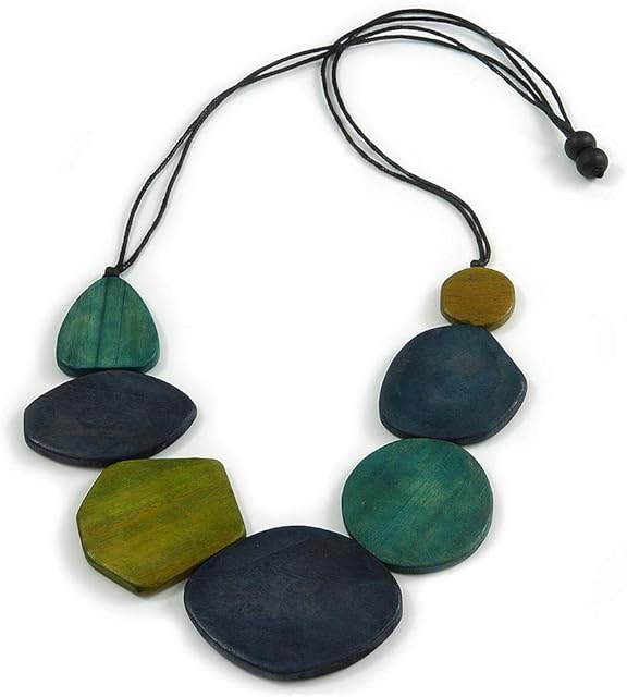 Avalaya Teal/Olive/Blue Geometric Wood Bead Black Cotton Cord Necklace/80cm Long/Adjustable