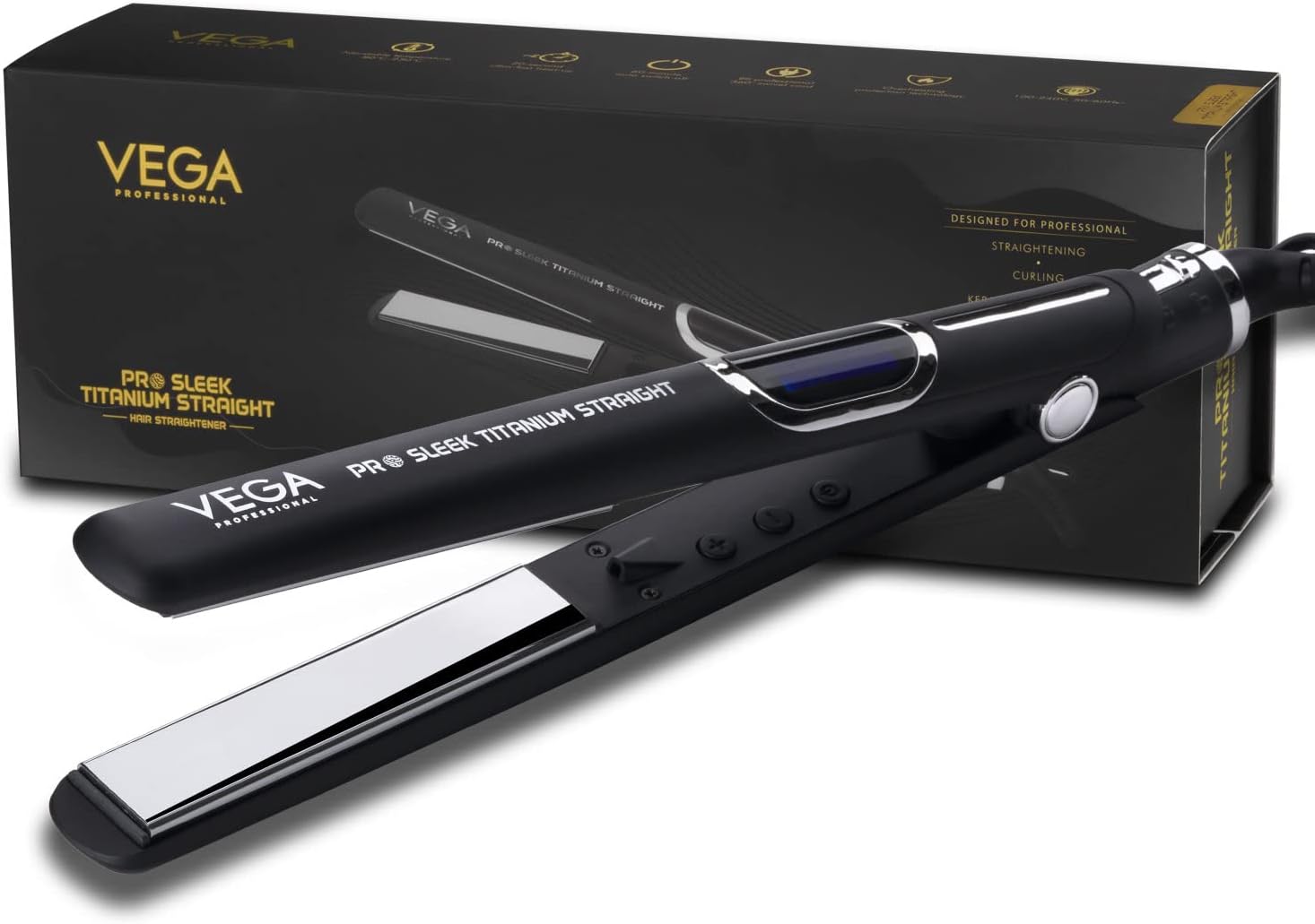VEGA PROFESSIONAL Pro Sleek Titanium Straight Hair Straightener with 20 Sec Ultra Fast Heat Up, Adjustable Temperature Setting, 60min Auto Swtich-off, Overheating Protection for Salon, (VPPHS-02)