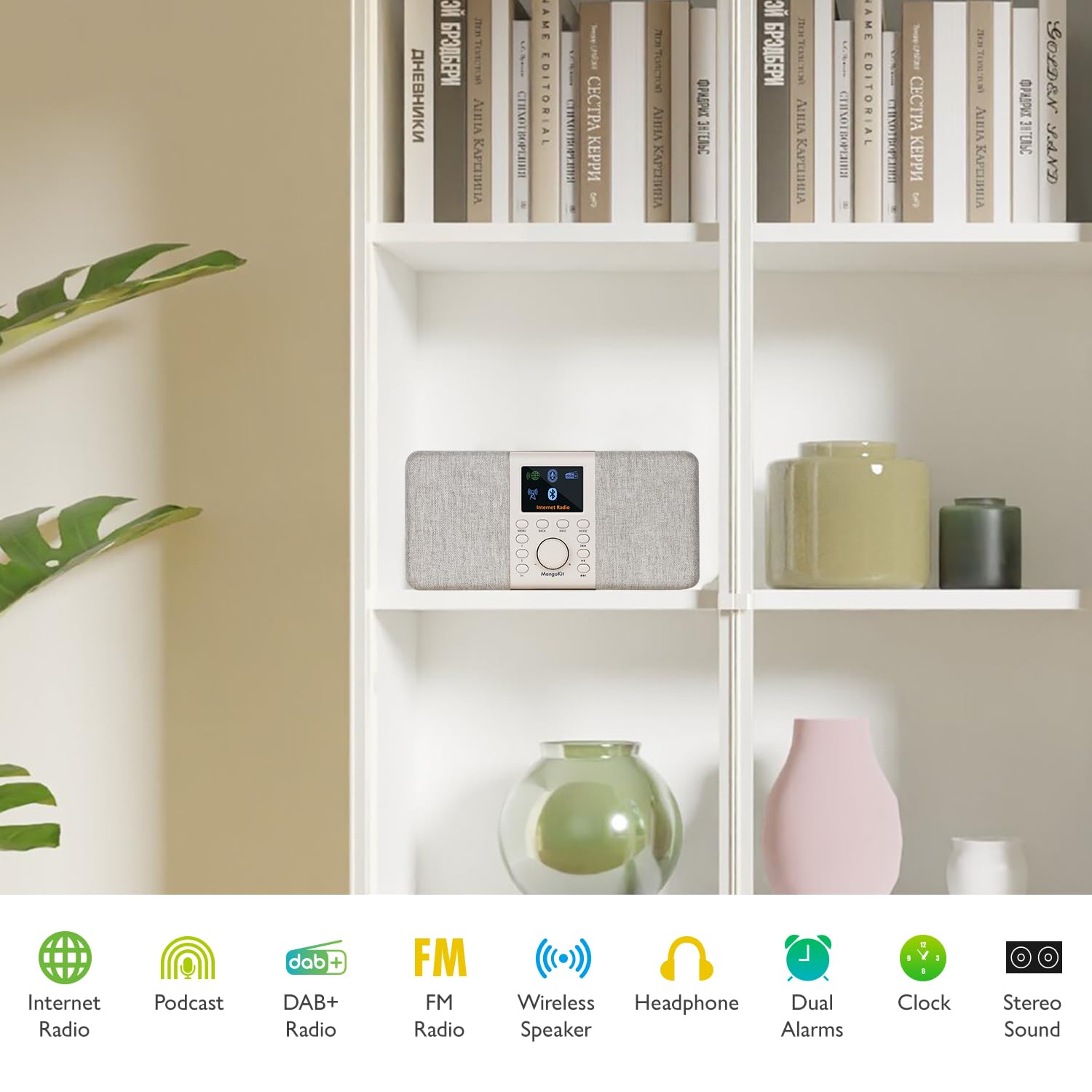 SR20 Stereo Internetradio WLAN, DAB Radio mit Bluetooth, DAB Plus Radios, Digitalradio, UKW Internet Radio, Küchenradio, Podcast Player, App Fernsteuerung, Farbdisplay,Doppelalarm-Walnuss