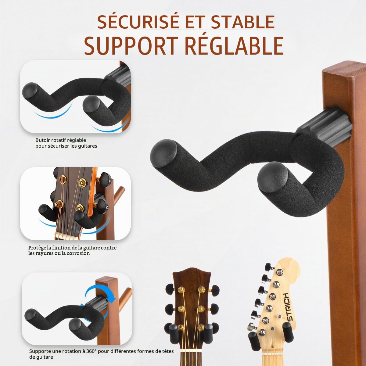 STRICH Support pour guitare acoustique et électrique, hauteur 103 cm (40.5" ), en bois de noyer, avec crochet de suspension, pour la maison ou le studio (FH1, présentoir pour guitare)