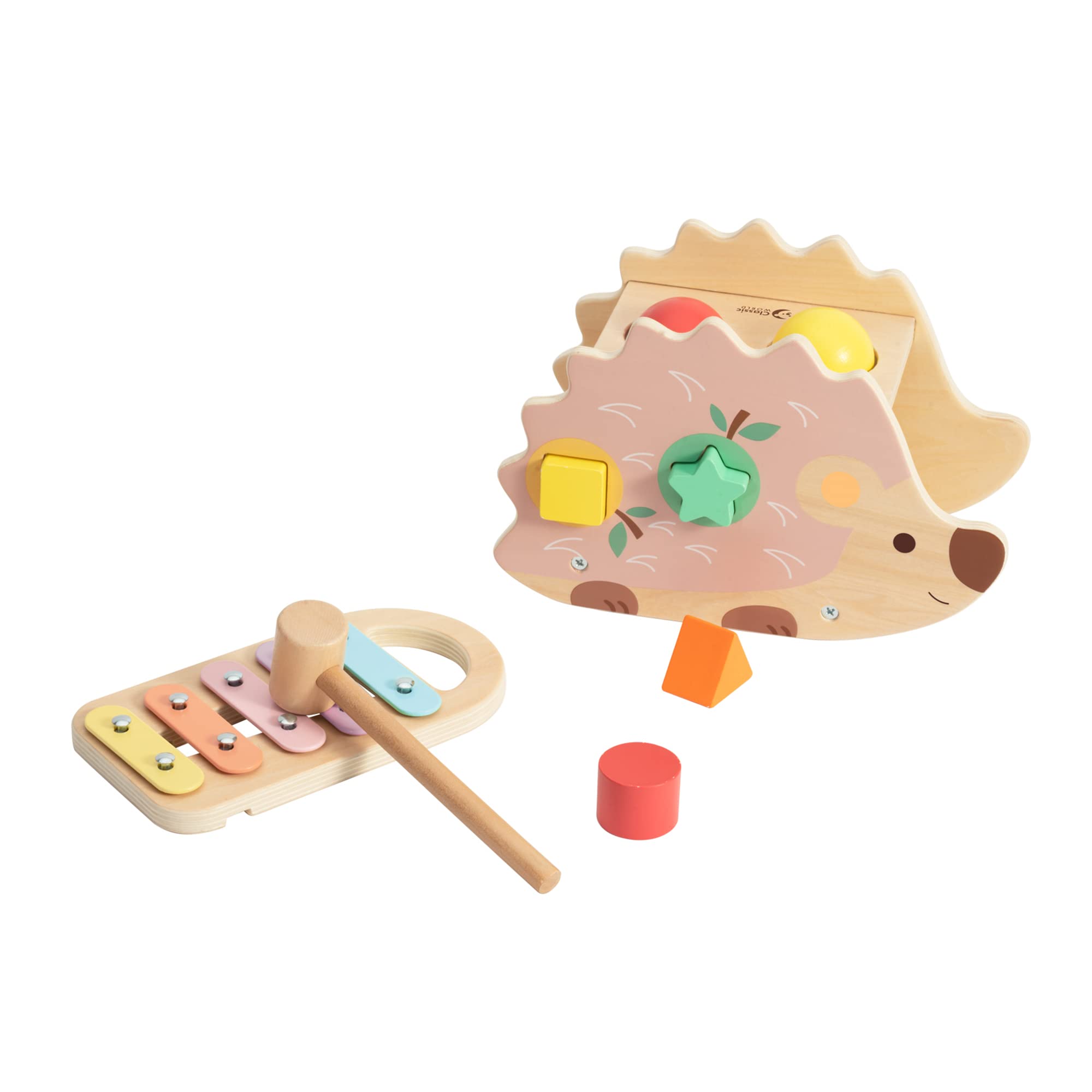 Classic World Hedgehog Wooden Pounding Bench - Educational Musical Toy for kids of 10 Months Plus - Shape Sorting and Early Development Toy for Children