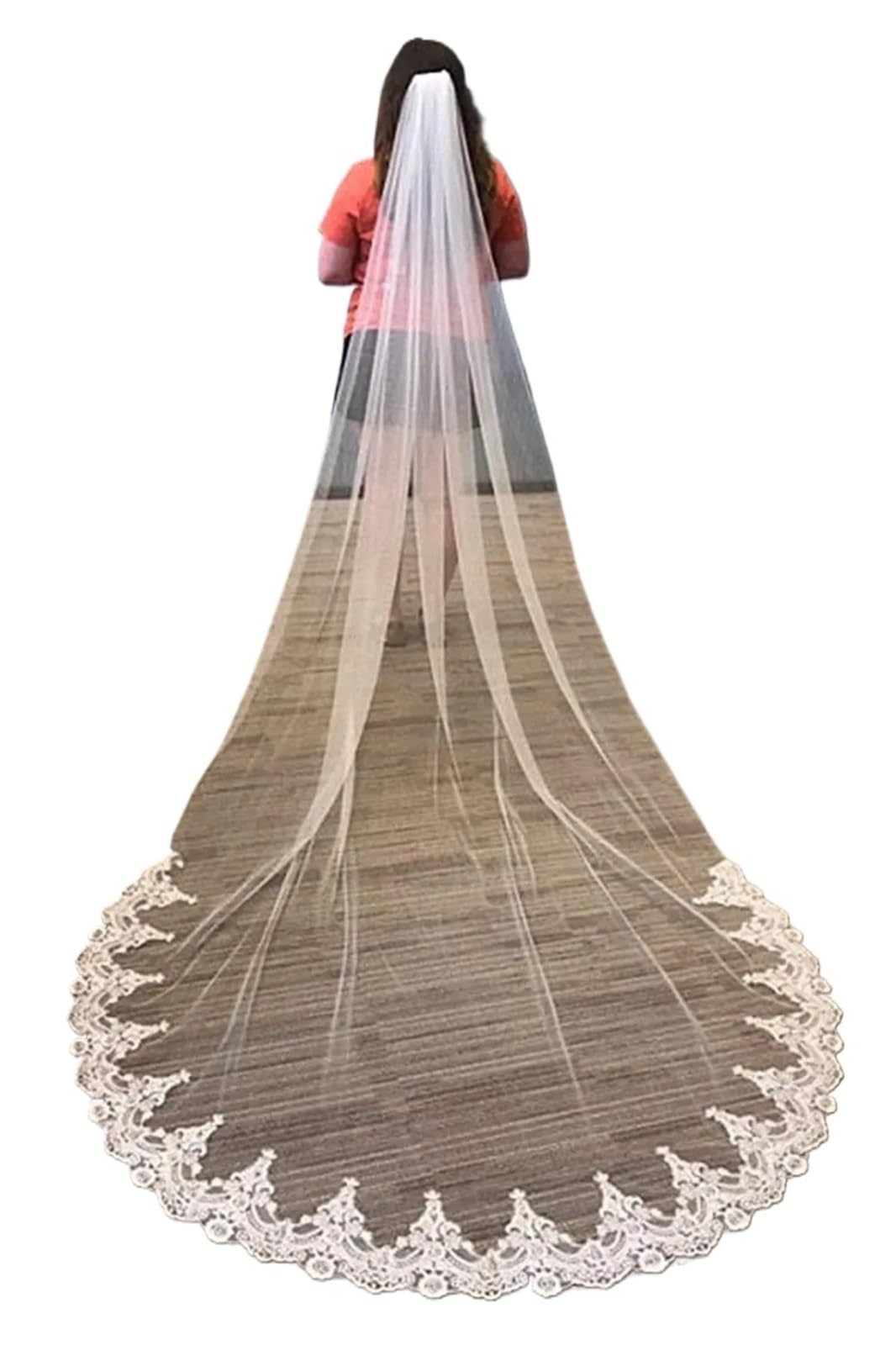 Générique Romantyczny woal katedralny w kwiaty, elegancki, 300 cm, jednowarstwowy welon ślubny, z grzebieniem, Kość słoniowa, 300cm