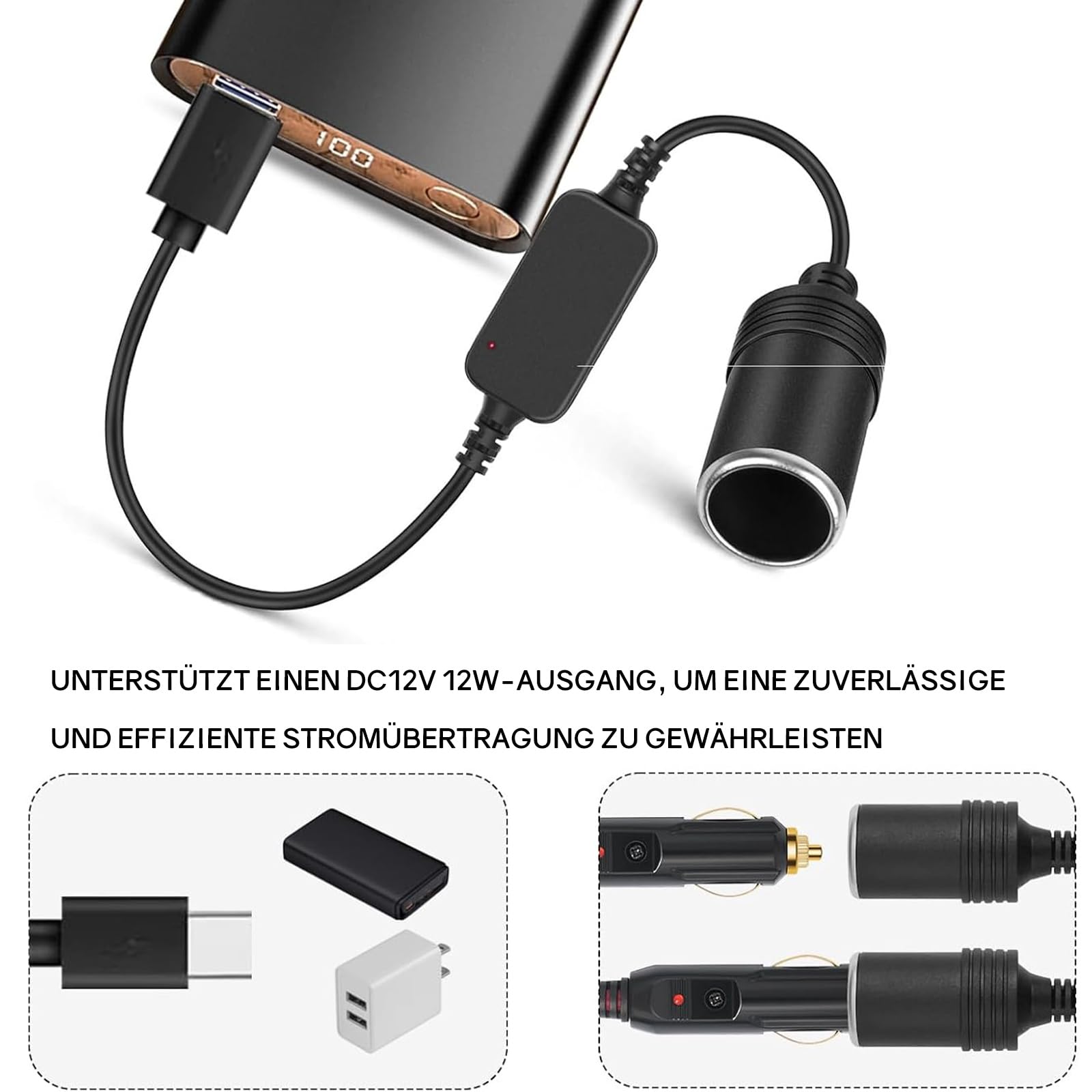 Powice Adapter USB C do gniazda zapalniczki samochodowej, 12 W, wtyczka USB C na 12 V, adapter do gniazda zapalniczki samochodowej, streamingu, lusterka wstecznego, kamery rozdzielczej, GPS, taśmy