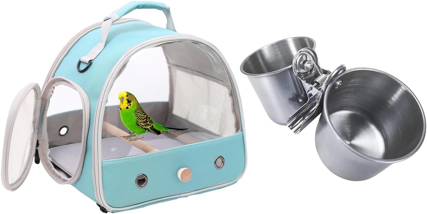 Bird Carrier for Parrot Parakeet Cockatiel, Water and Food Cups Clamp Mount