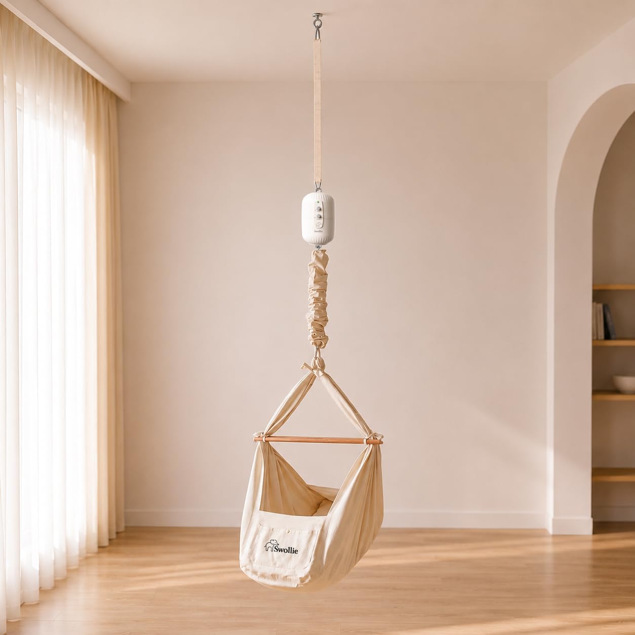 Premium Federwiege mit Motor - für Babys ab Geburt bis 15 kg - Tempo und Timer übergangslos einstellbar - Bio-Baumwolle und Schafwollmatratze