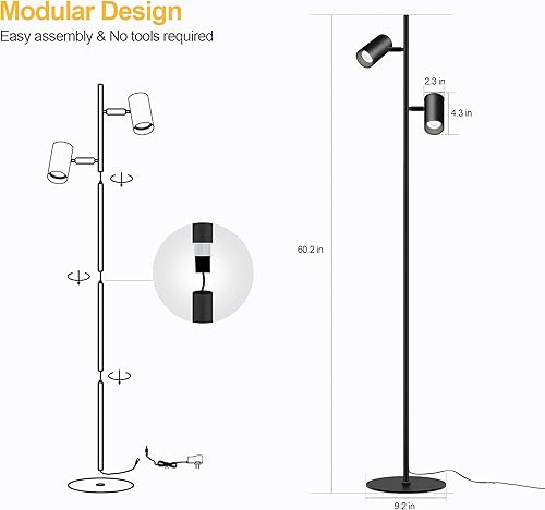 Miniatura 5 de Lámpara de pie industrial para sala de estar, lámparas de pie modernas de lectura con cuidado de los ojos, 2 cabezales, 4 brillos 3000 K, luz suave,