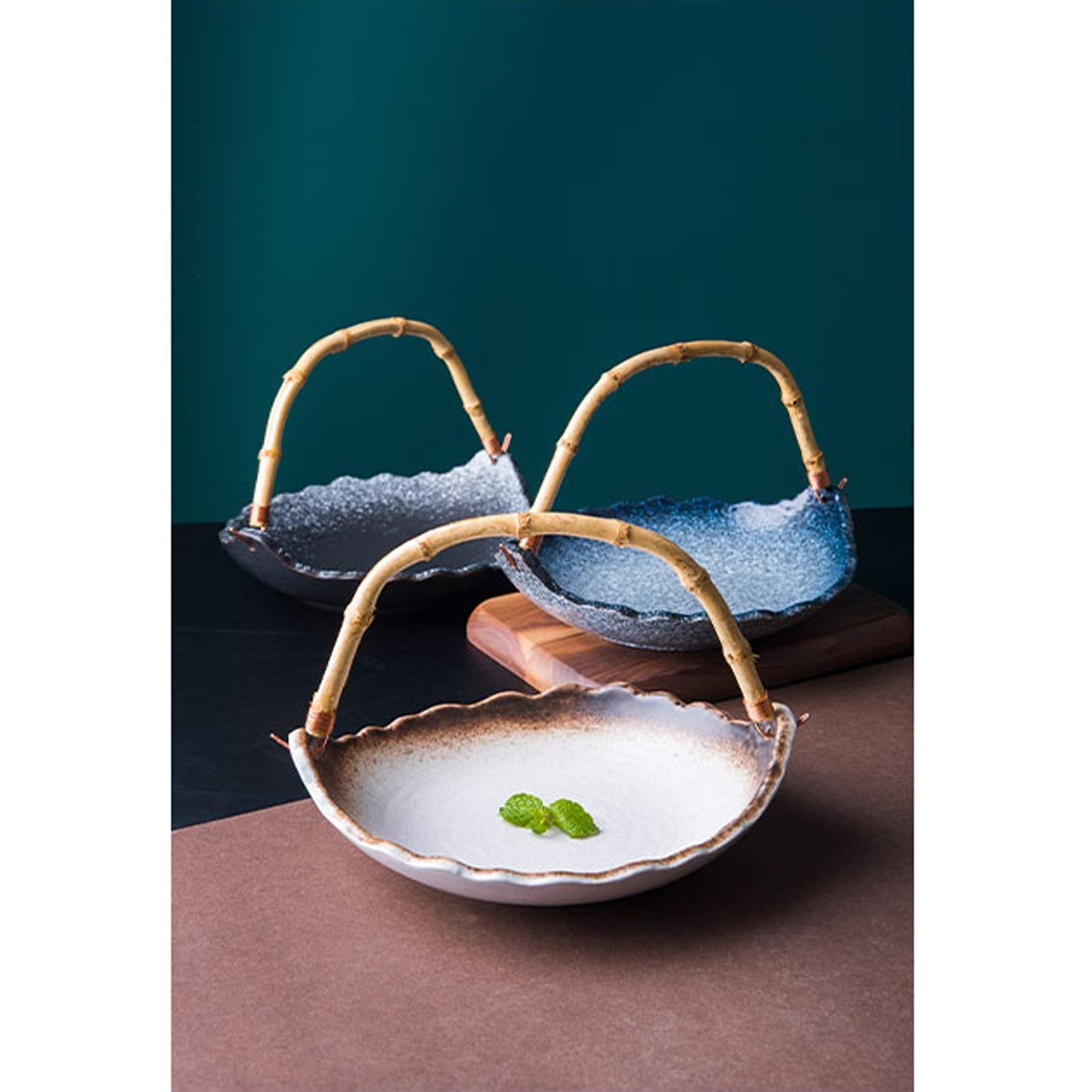 Piatto per antipasti Salsa - Set di 5 salse retrò Manico in bambù Piatto multiuso in porcellana Contorno Ciotola Piatti per condimenti Stoviglie per la casa Dessert Piatto di frutta Piatto per snack