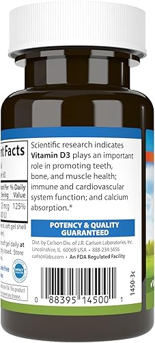 Miniatura 3 de Carlson - Vitamina D3, 1000 UI (25 mcg), salud ósea, salud muscular, colecalciferol, suplementos de vitamina D, geles blandos de vitamina D3, 60